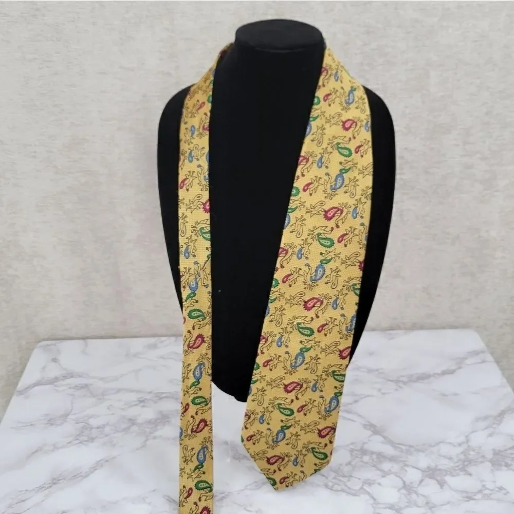 Necktie Partridge Paisley Print Gold Men's Vintage Tie 70s